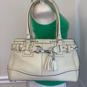 Authentic Coach Cream Pebbled Leather Hampton Carryall Purse w/ Braid Accent